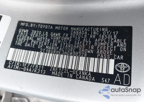 2017 Toyota Corolla Le из США, поврежденный, VIN 2T1BURHE3HC830328